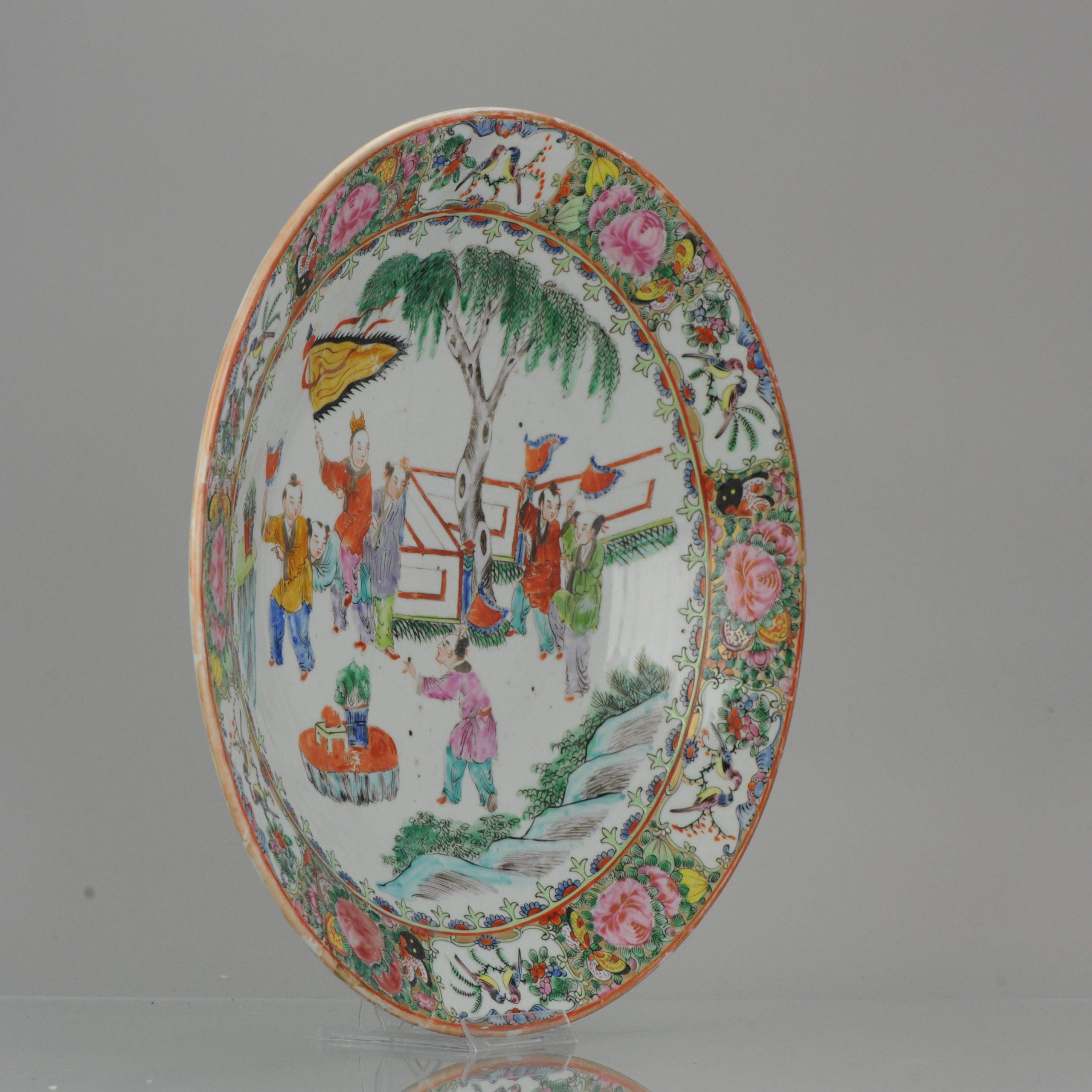19c Chinese Porcelain Cantonese Charger Mandarin Children Playing Flags For Sale 11
