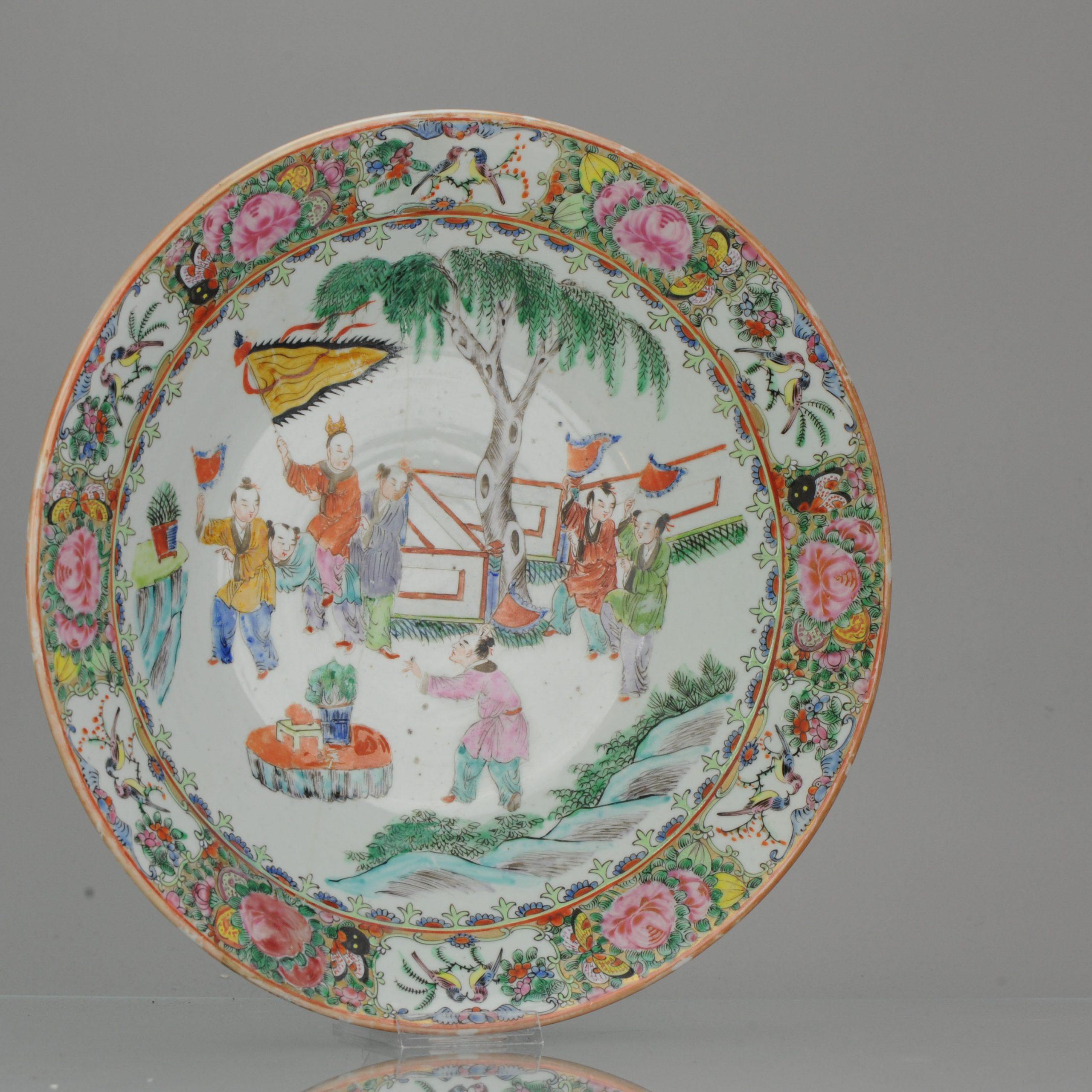 19c Chinese Porcelain Cantonese Charger Mandarin Children Playing Flags For Sale 12