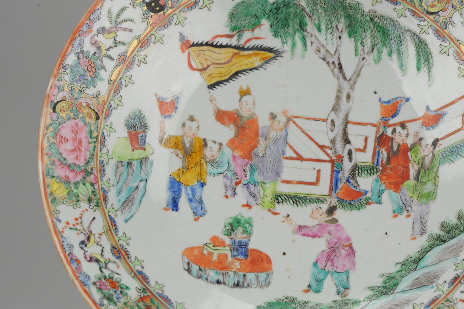 19th Century 19c Chinese Porcelain Cantonese Charger Mandarin Children Playing Flags For Sale