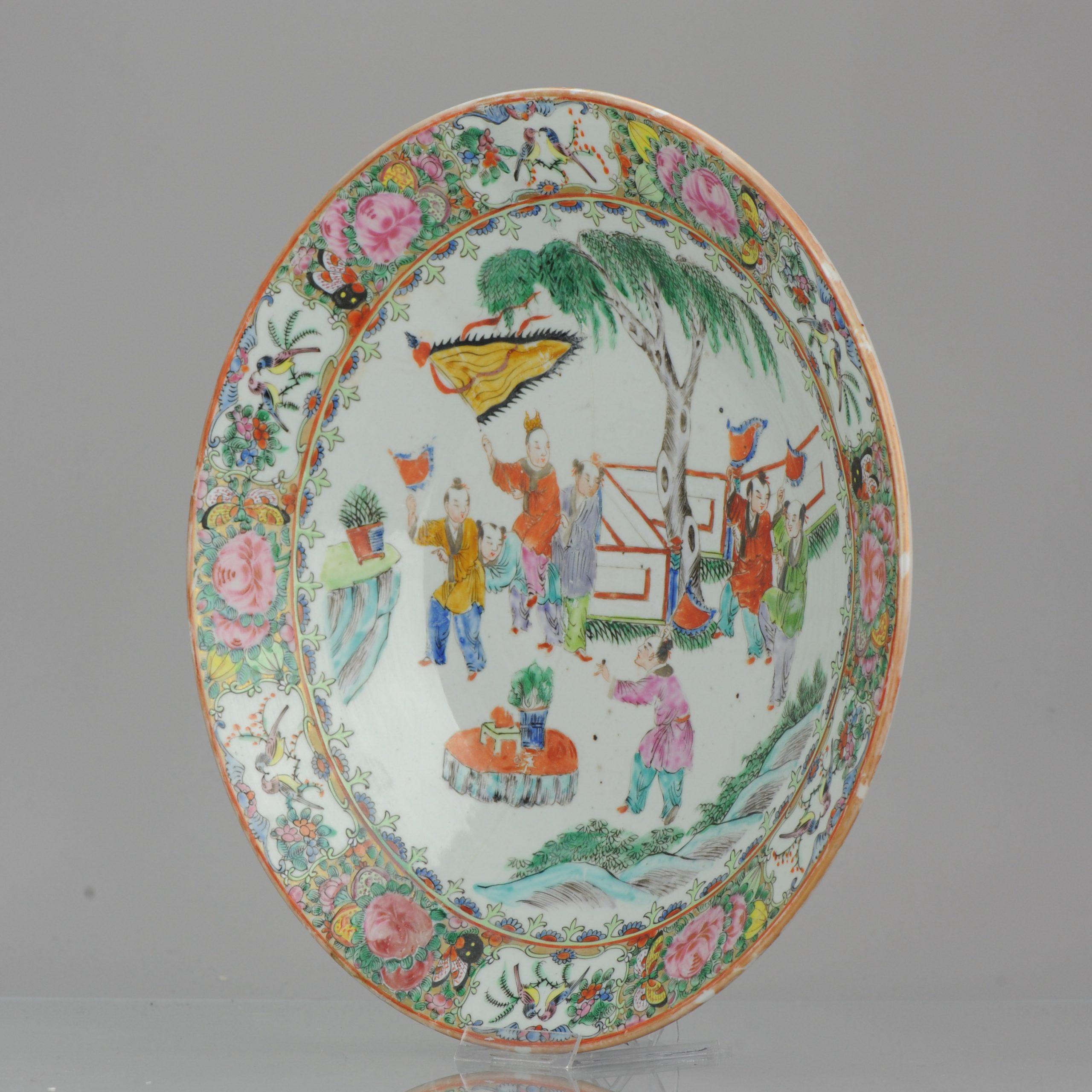 19c Chinese Porcelain Cantonese Charger Mandarin Children Playing Flags For Sale 2