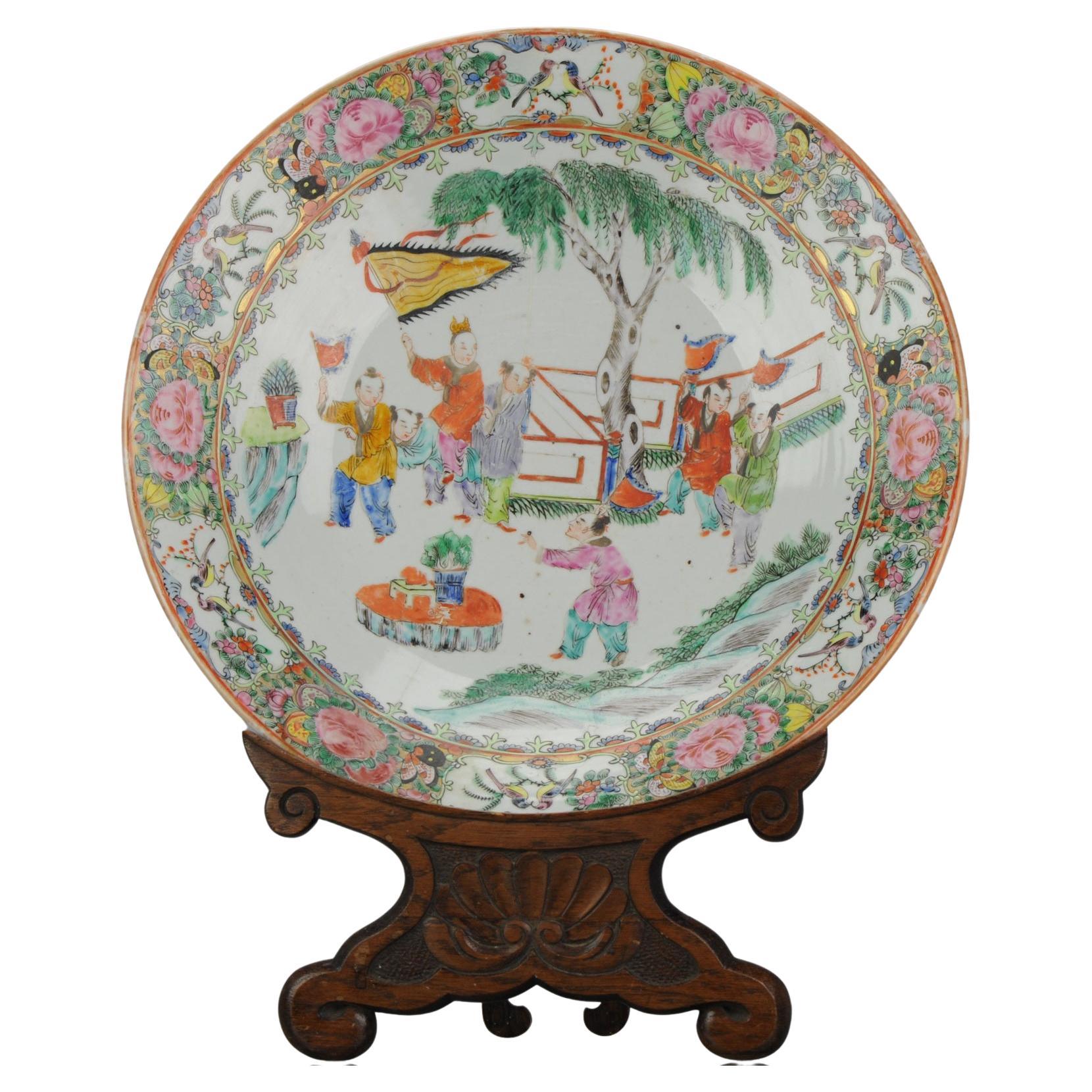 19c Chinese Porcelain Cantonese Charger Mandarin Children Playing Flags For Sale
