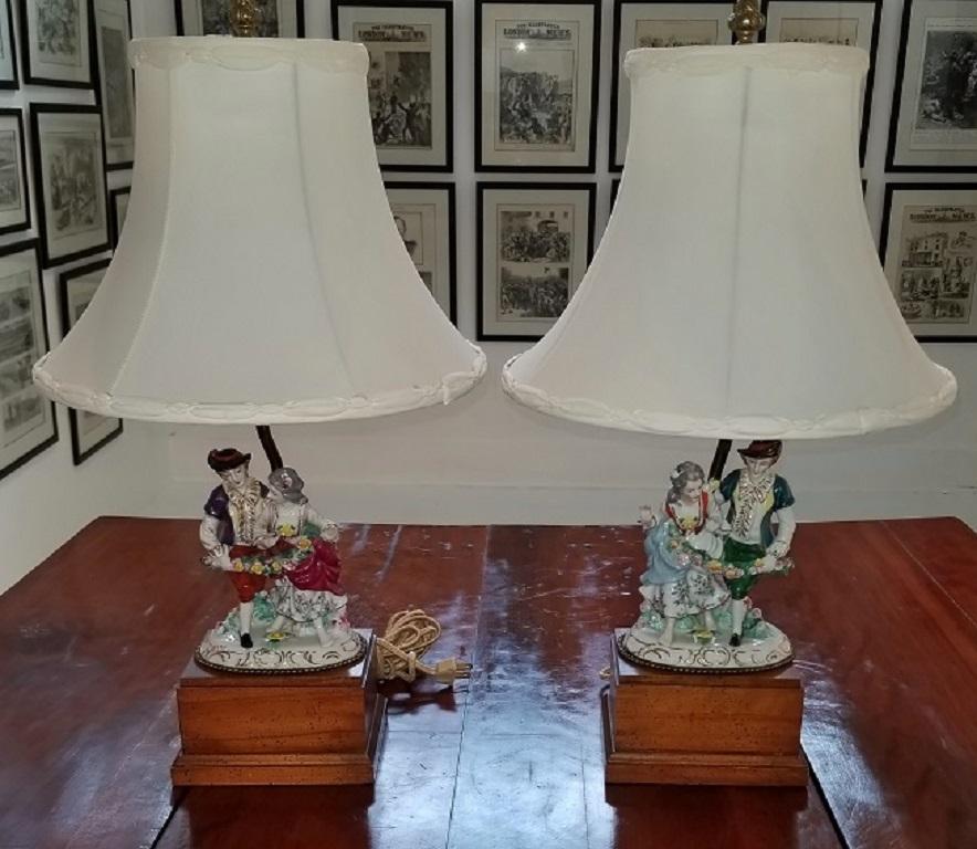 Brass 19th Century Dresden Porcelain Style Pair of Table Lamps