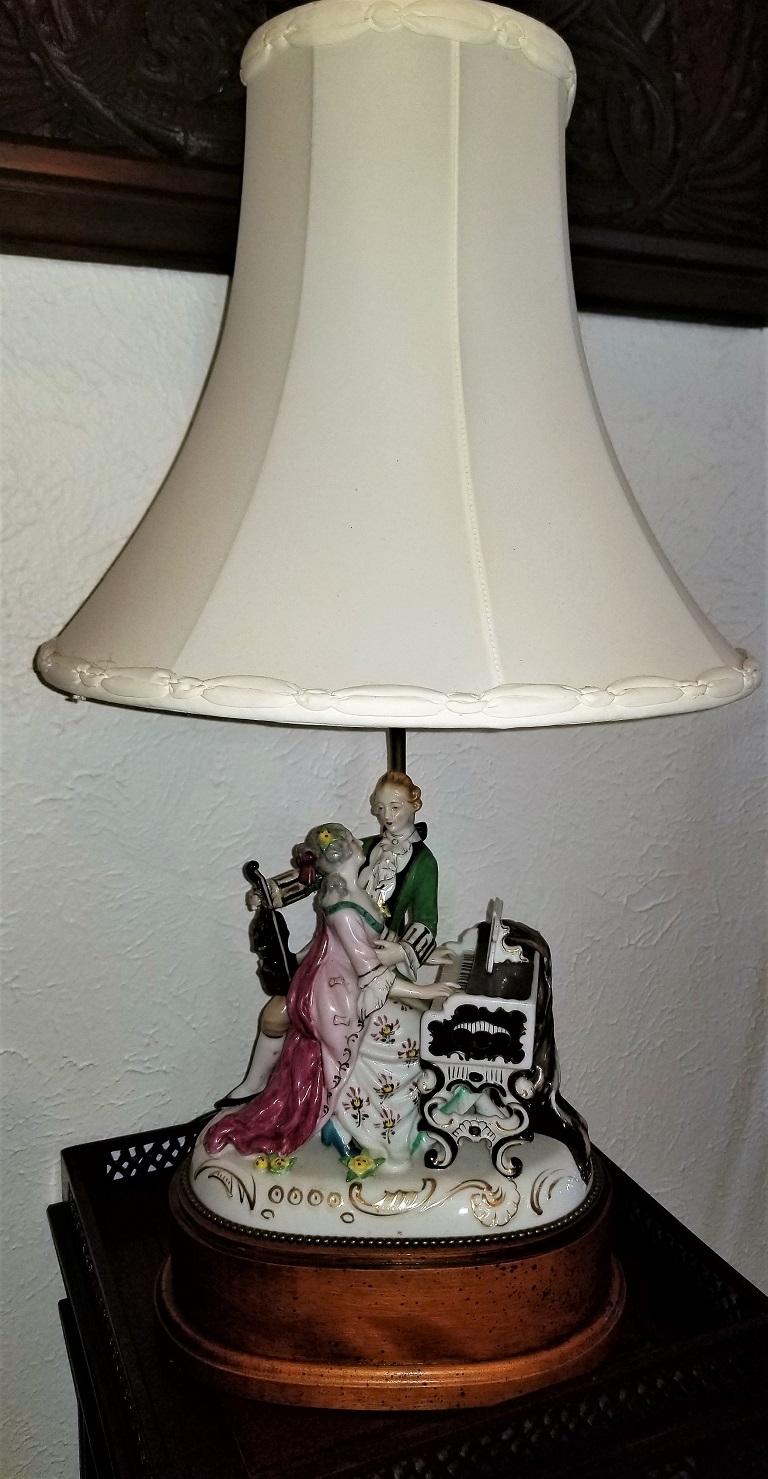 Presenting a rare 19th century Dresden porcelain style table lamp.

The porcelain figurines are classical Dresden (German) style porcelain figurines, from circa 1860. The colors and the 18th century attire of the figures are classically German in