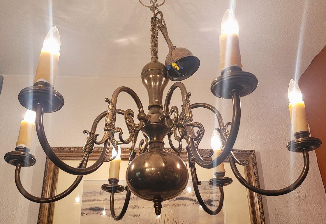PRESENTING A GORGEOUS 19C Dutch Baroque Style Antique Brass 6 Branch Chandelier.

Late 19th Century, circa 1880-90 and made in Holland (Netherlands) from antique brass which gives it a more bronze patina over time.

Made in the Dutch ‘Baroque Style’