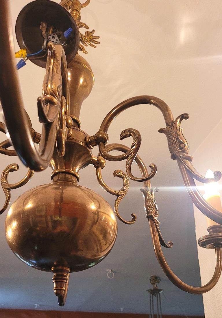19C Dutch Baroque Style Antique Brass 6 Branch Chandelier In Good Condition For Sale In Dallas, TX