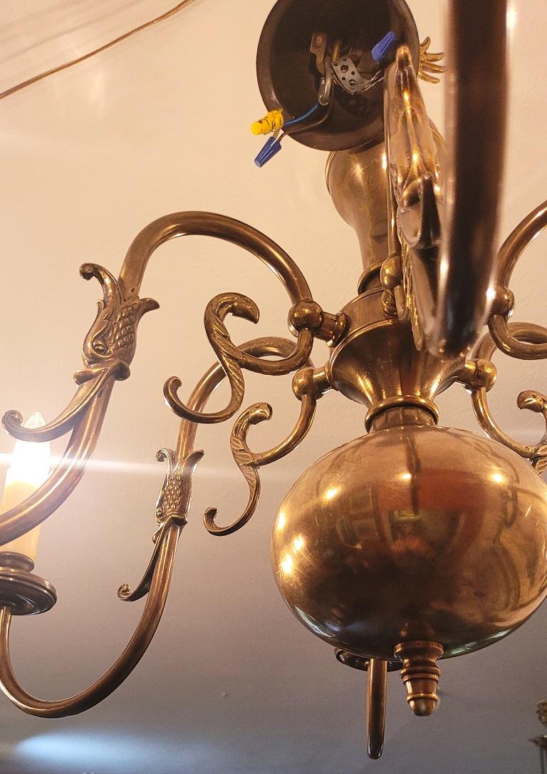 19th Century 19C Dutch Baroque Style Antique Brass 6 Branch Chandelier For Sale