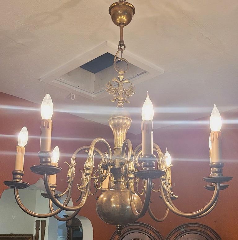 Cast 19C Dutch Baroque Style Antique Brass 8 Branch Chandelier
