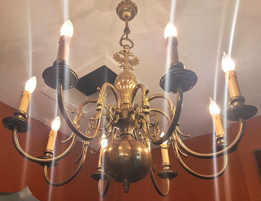 19C Dutch Baroque Style Antique Brass 8 Branch Chandelier In Good Condition In Dallas, TX