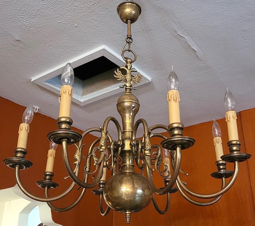19C Dutch Baroque Style Antique Brass 8 Branch Chandelier 1