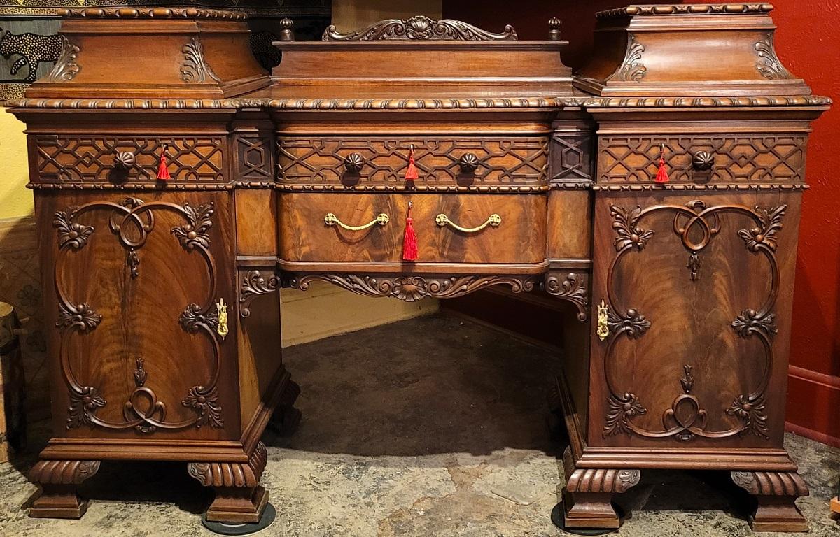19C English Chinese Chippendale Mahogany Buffet or Sideboard For Sale 11