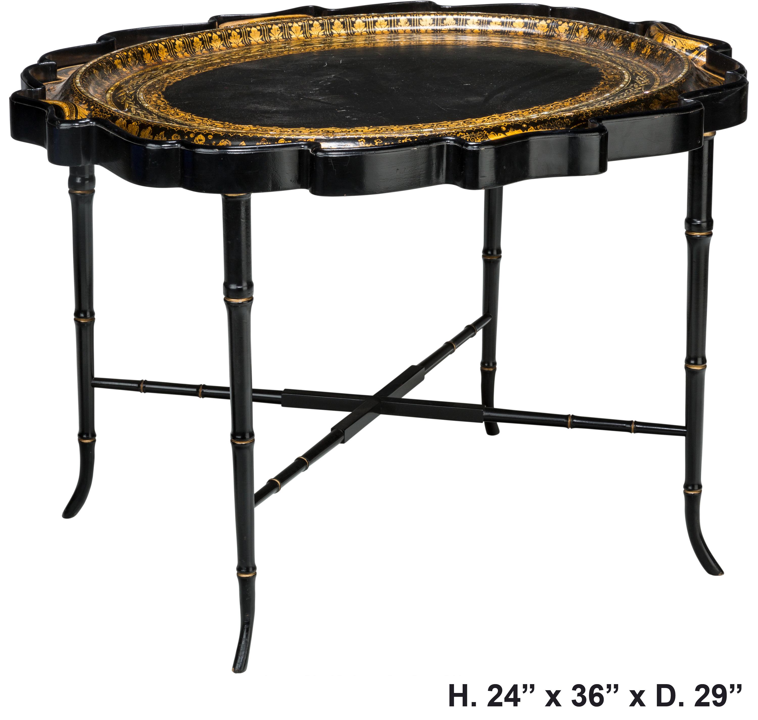 Beautiful 19c English partial Gilt and Mother of Pearl paper mache tray table on ebonized bamboo base, excellent details and good condition