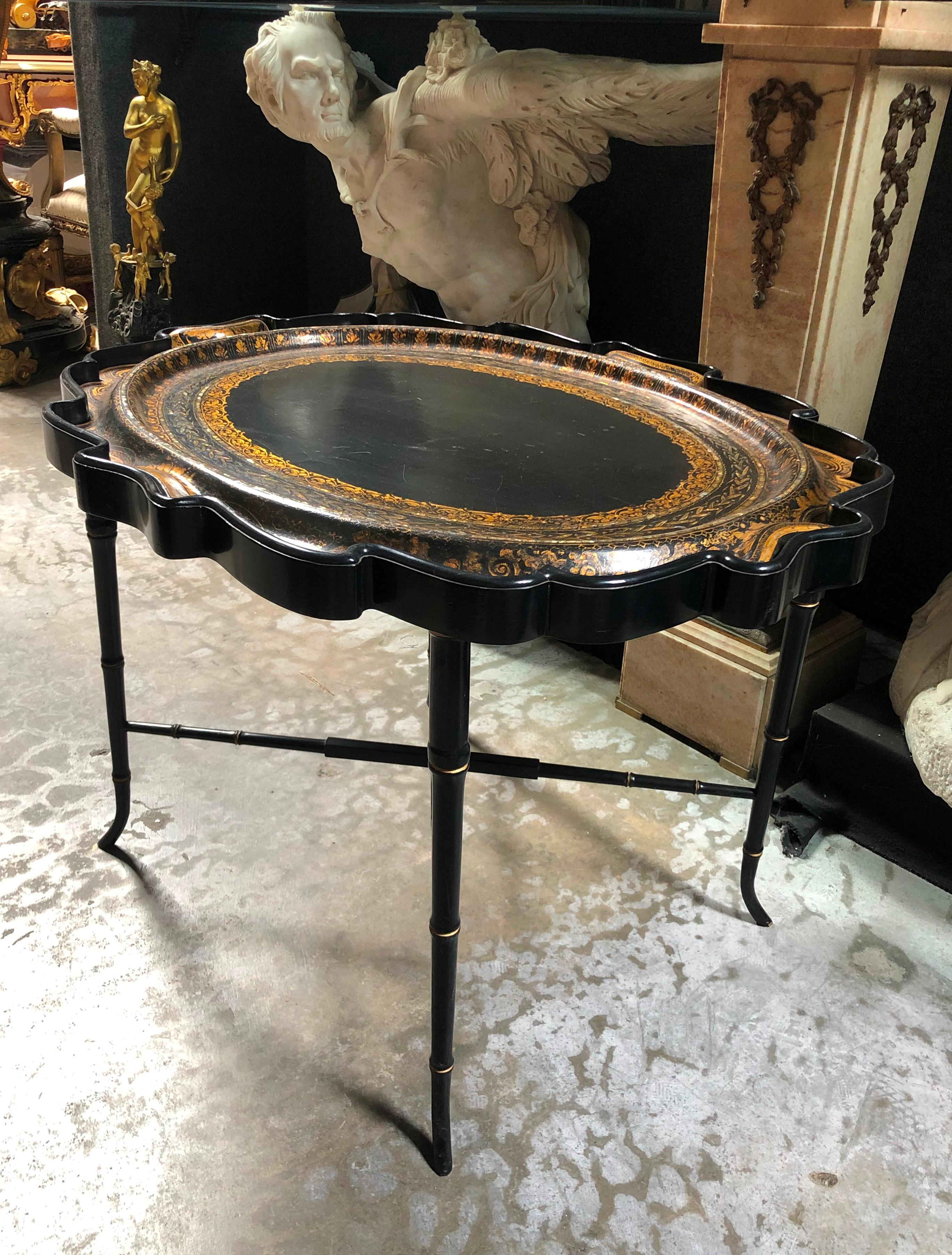 Late Victorian 19c English Partial Gilt Paper Mache Tray Table, 19c MOP Inlaid   For Sale