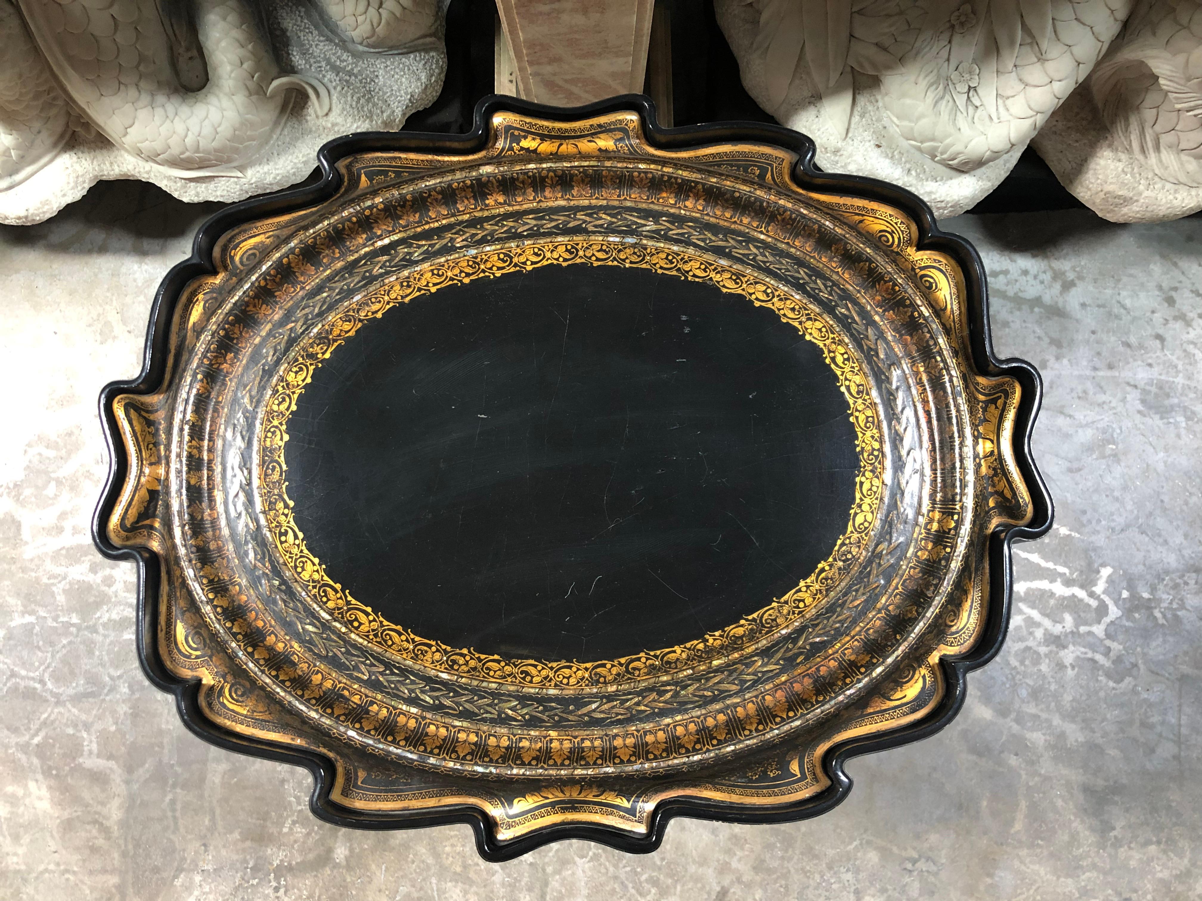 Hand-Carved 19c English Partial Gilt Paper Mache Tray Table, 19c MOP Inlaid   For Sale