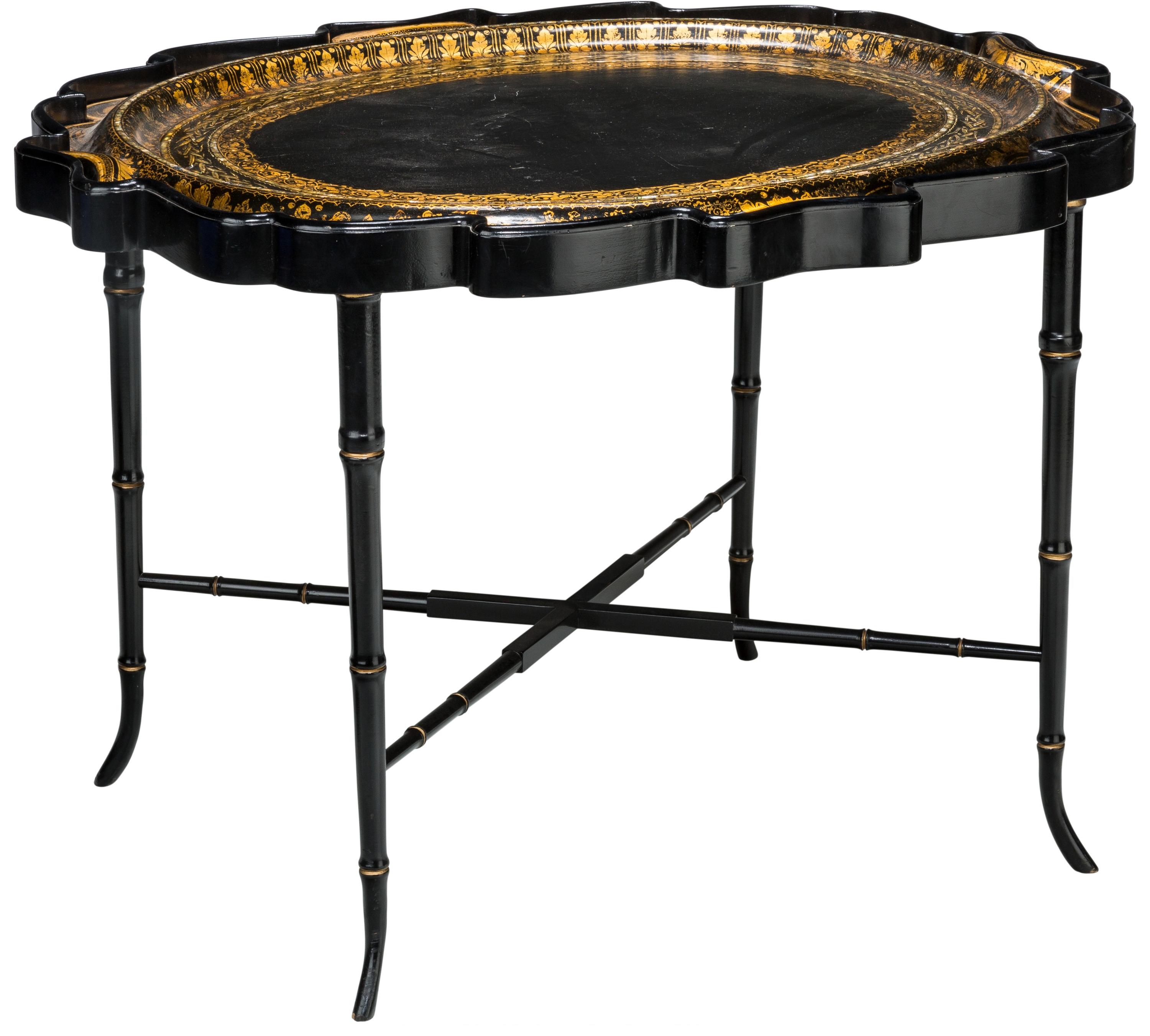 Mother-of-Pearl 19c English Partial Gilt Paper Mache Tray Table, 19c MOP Inlaid   For Sale