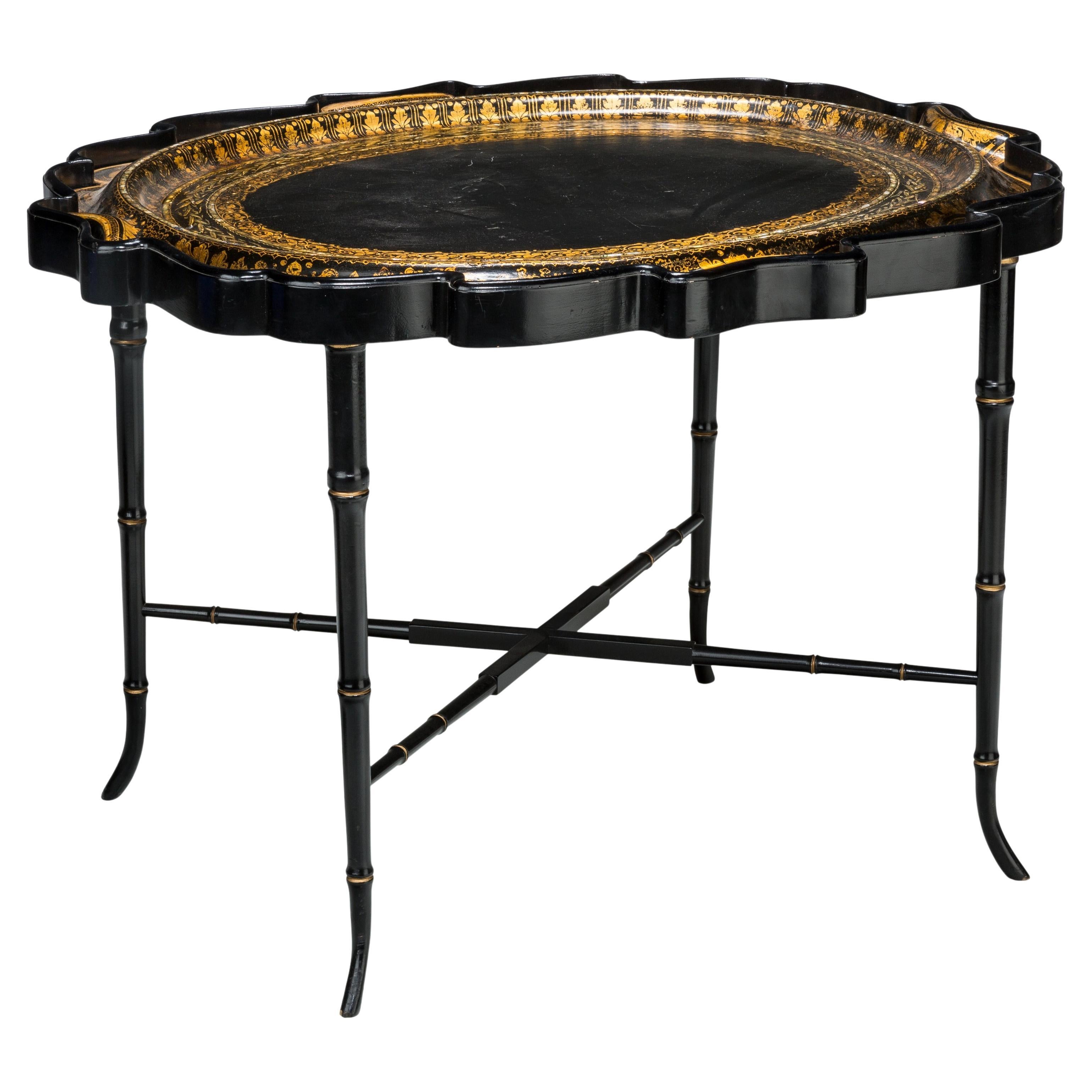 19c English Partial Gilt Paper Mache Tray Table, 19c MOP Inlaid   For Sale