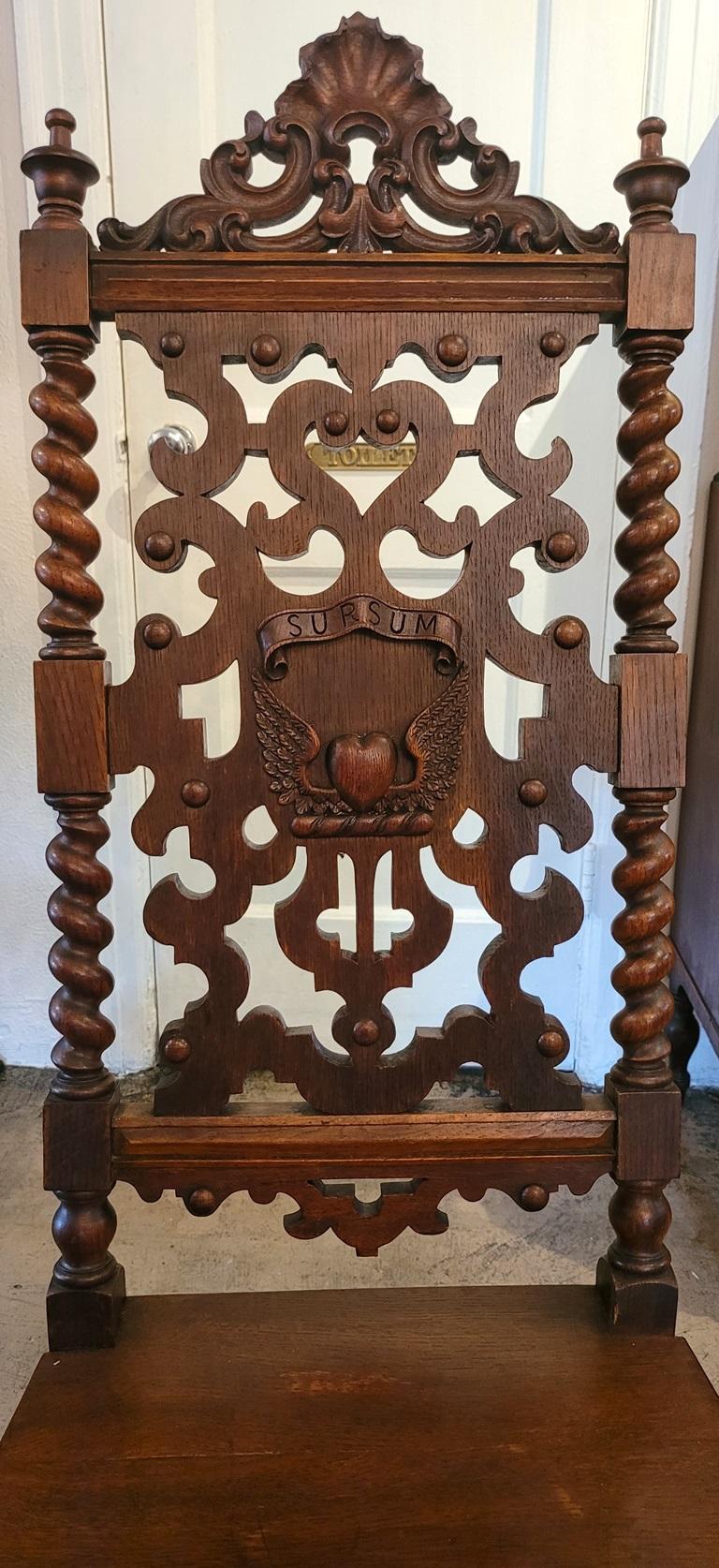 Hand-Carved 19C English Rococo Revival Ecclesiastical Oak Hall Chair For Sale