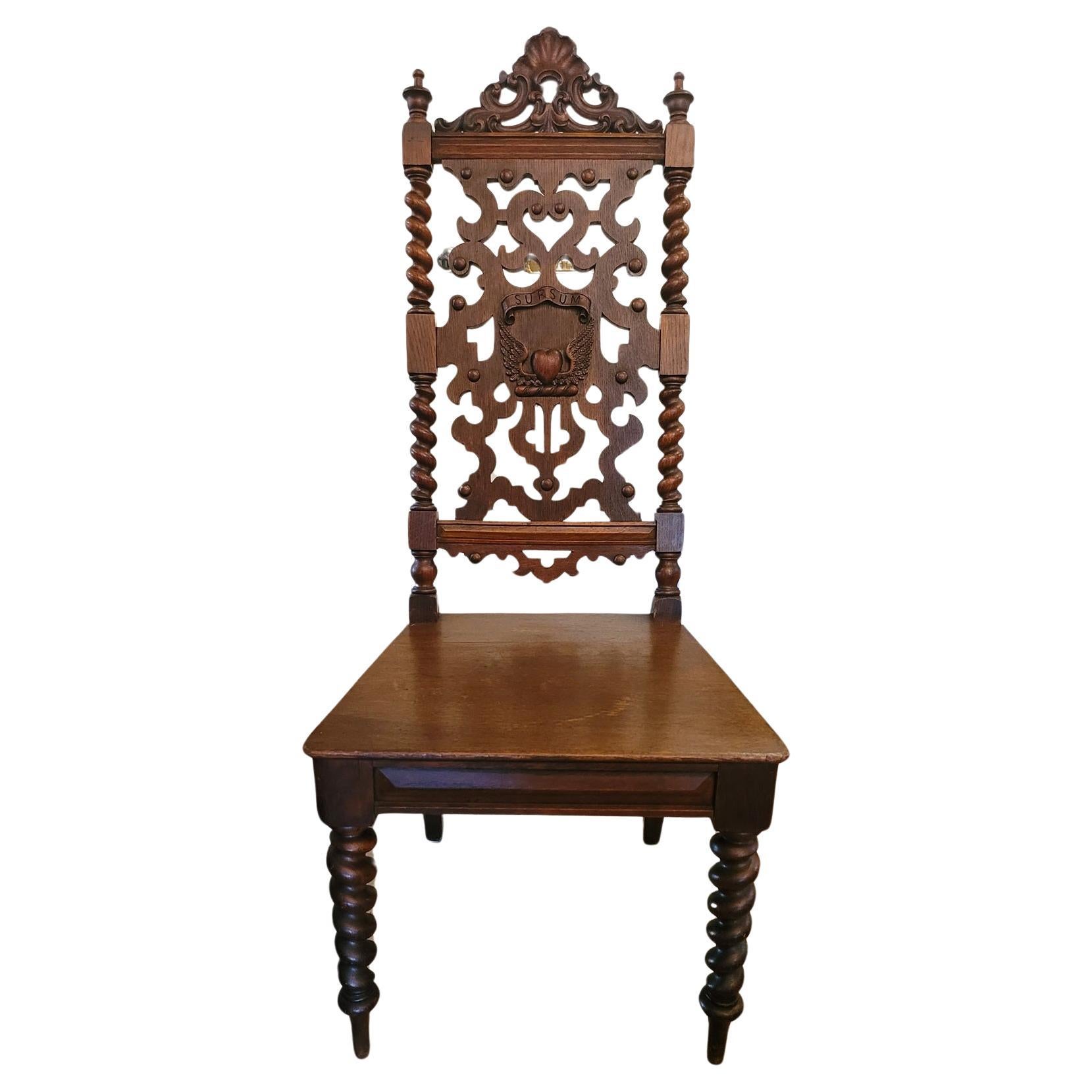 19C English Rococo Revival Ecclesiastical Oak Hall Chair For Sale