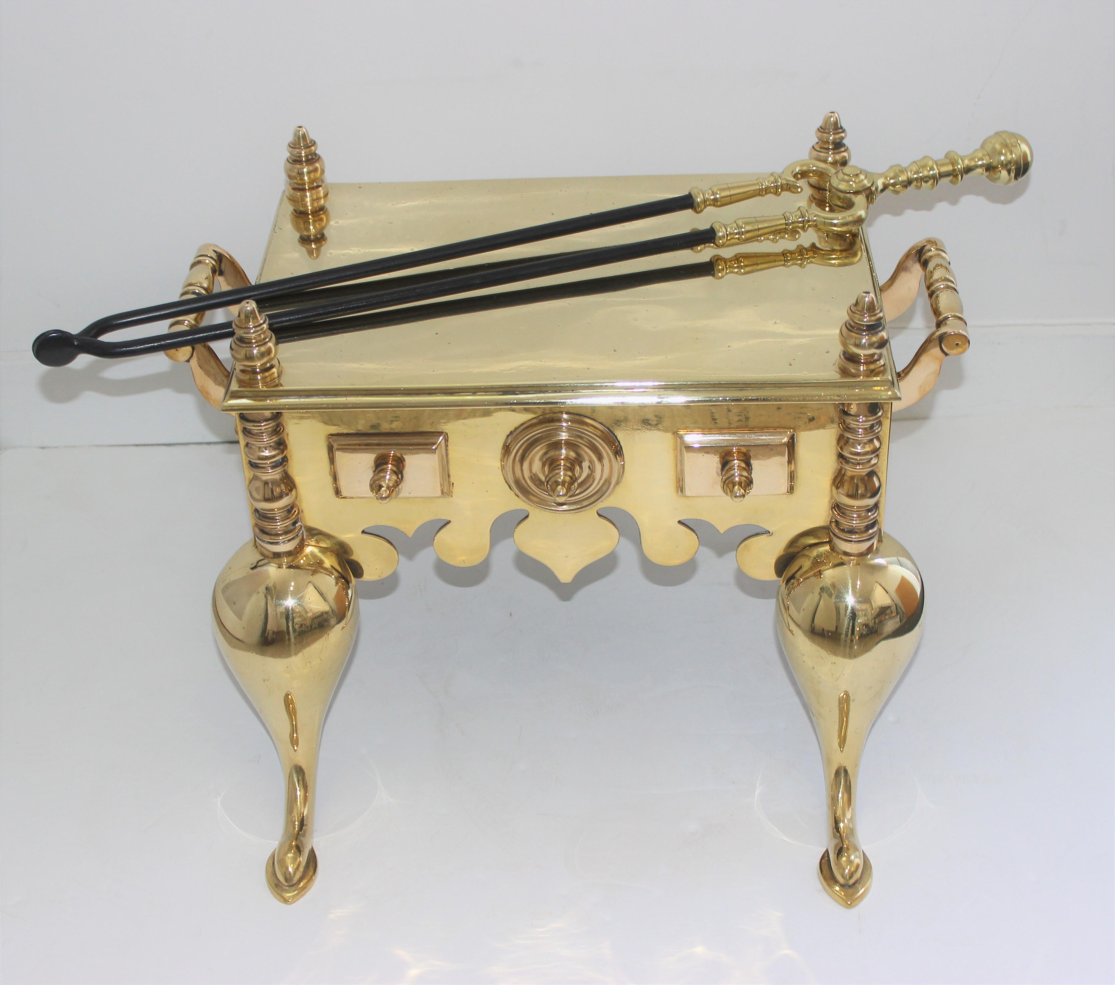 19th Century 19c Fireplace Accessories, Brass Tea Kettle Heater with Log Tool For Sale