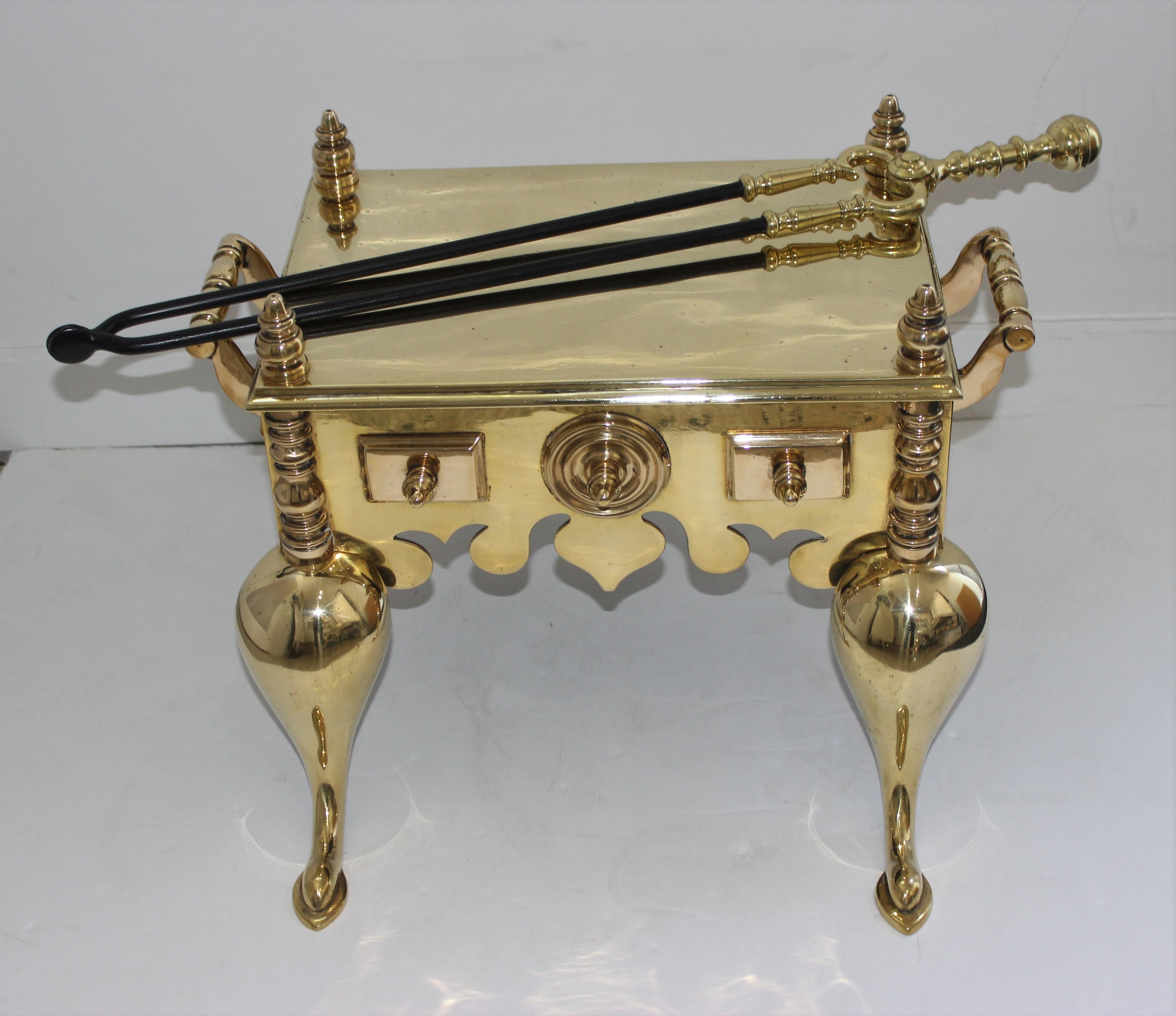 19c Fireplace Accessories, Brass Tea Kettle Heater with Log Tool For Sale 1