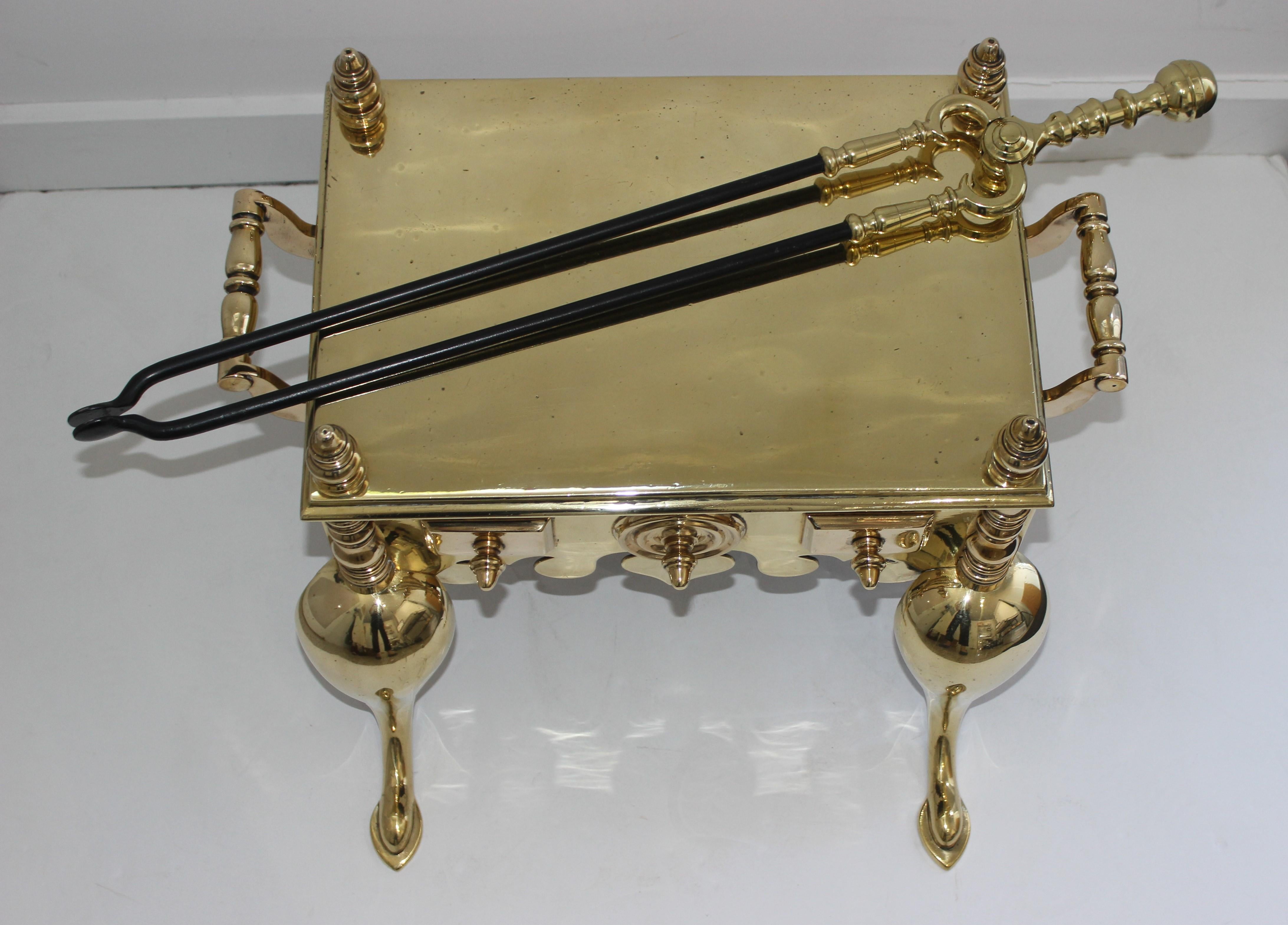 19c Fireplace Accessories, Brass Tea Kettle Heater with Log Tool For Sale 2