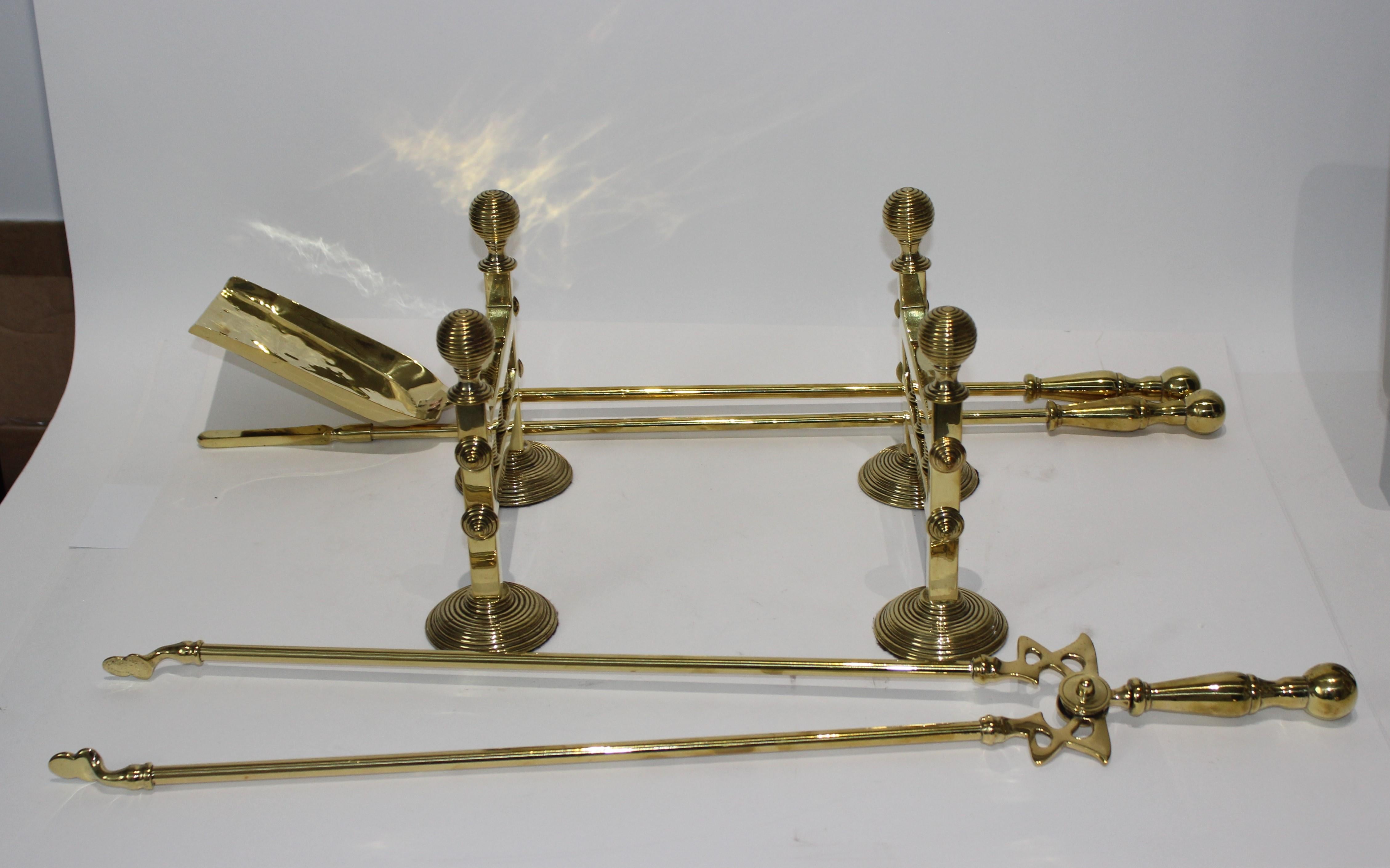 Early Victorian 19th Century Fireplace Accessories, Trio of Fireplace Tools on Pair Tool Racks For Sale