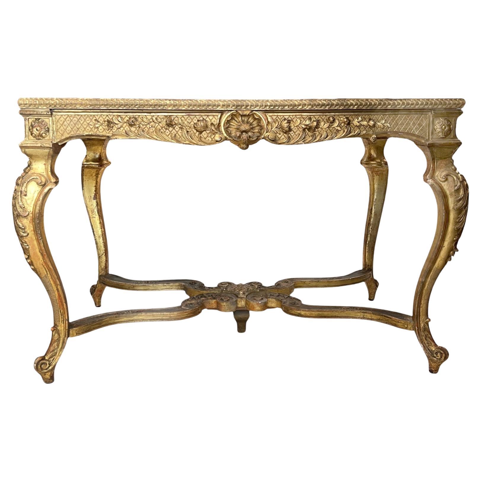 19c French Antique Gilded Louis XV Center Table w/Faux Porphyry Stone Top en vente
