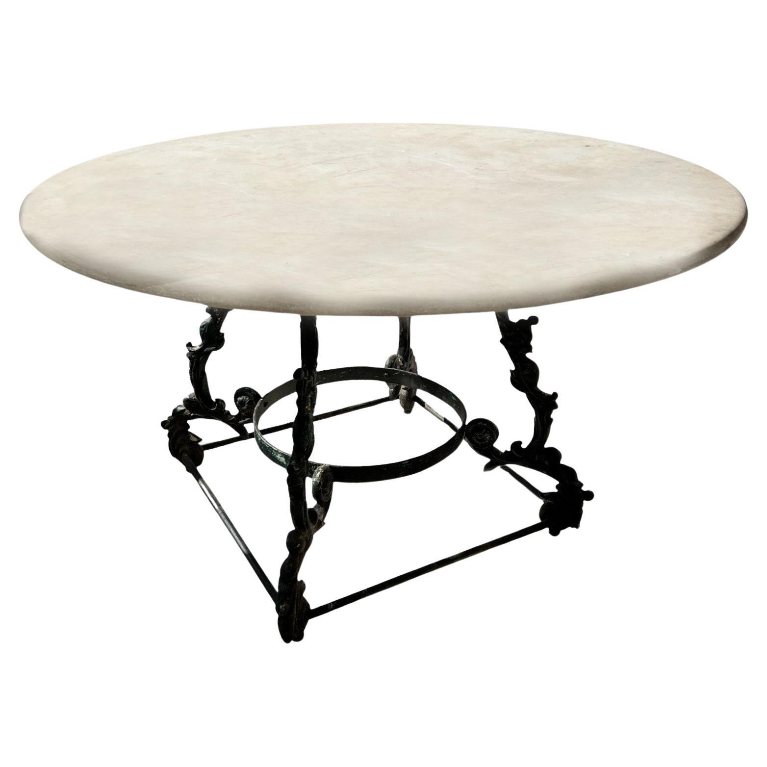 19c French Antique Marble Top Round Table with Iron Base For Sale