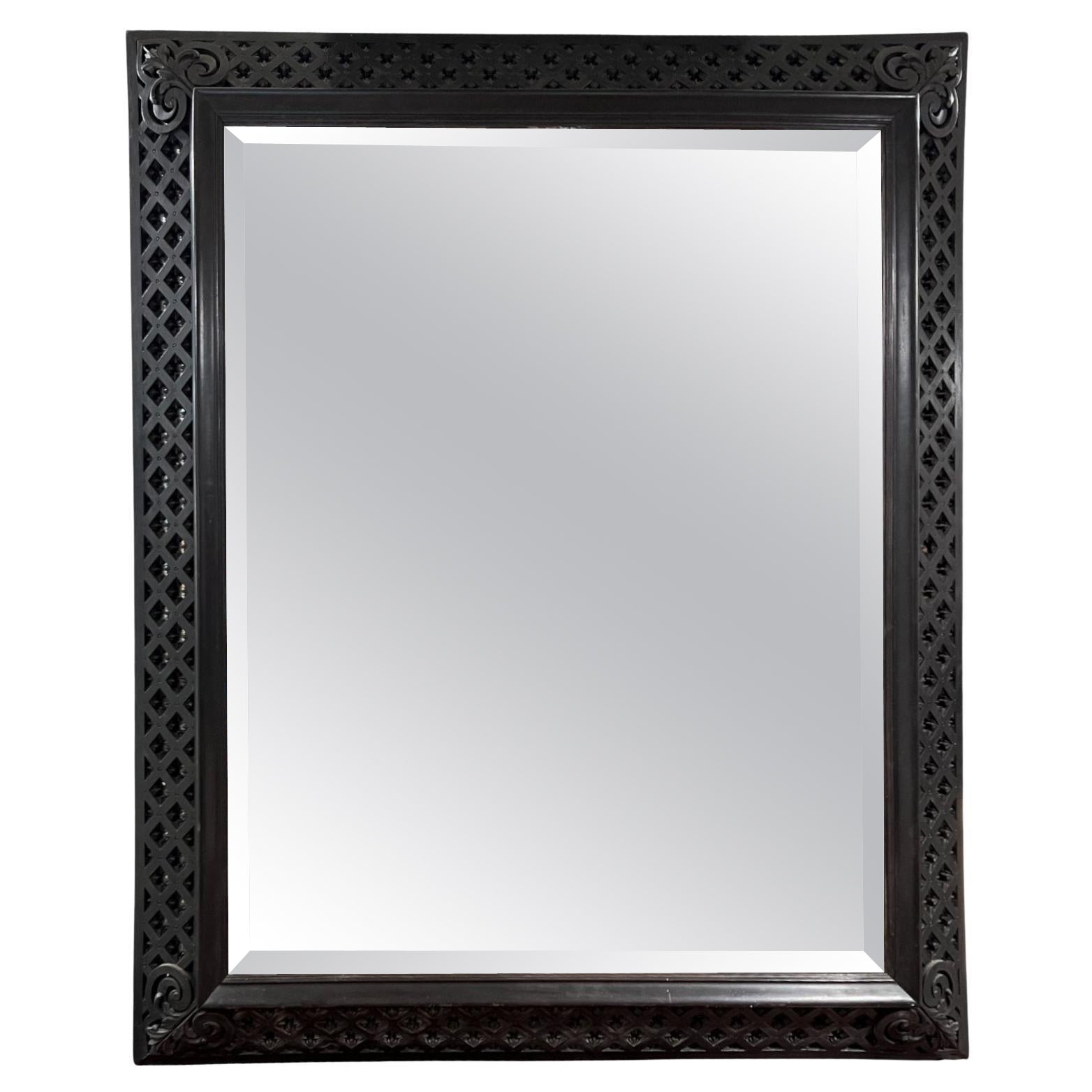 19c French Antique Napoleon III Black Detail Carving Mirror For Sale