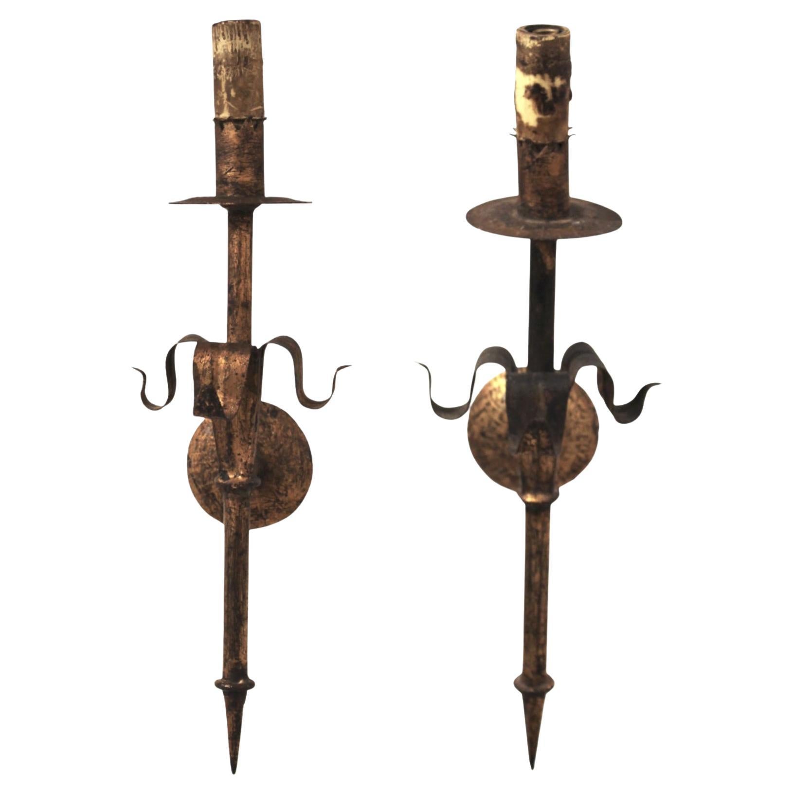 19c French Antique Pair of Gilded Iron Sconces For Sale