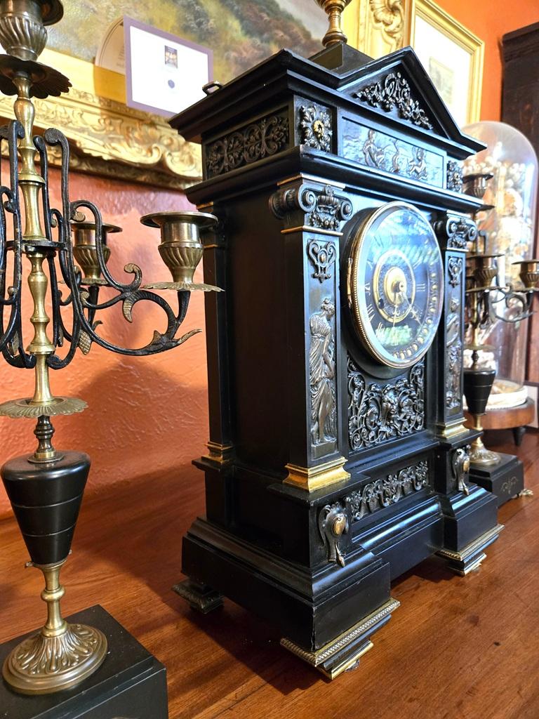 19C French Mantle Clock with Candelabra Garnitures by J. Marti (Paris) For Sale 5