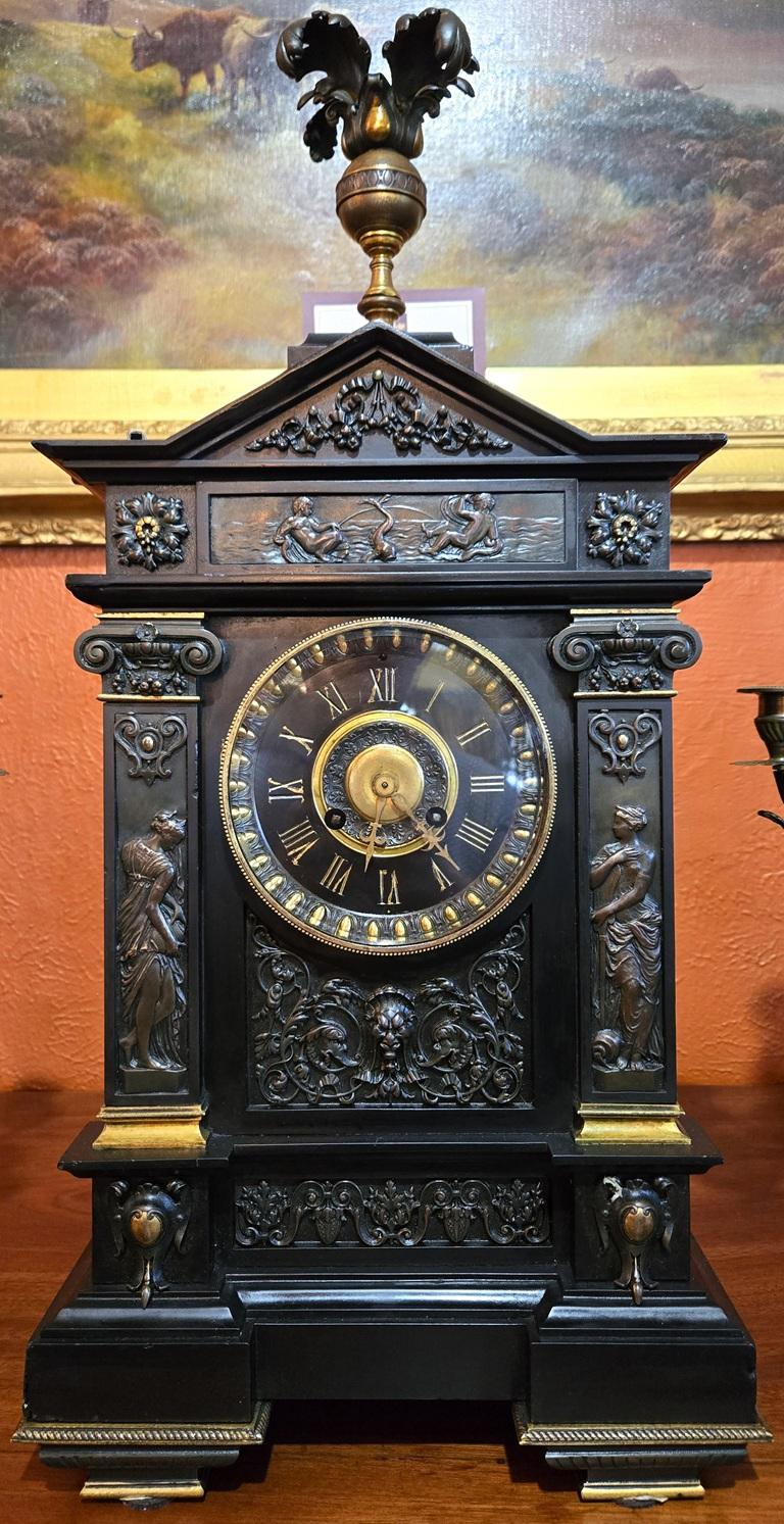 Neoclassical Revival 19C French Mantle Clock with Candelabra Garnitures by J. Marti (Paris) For Sale