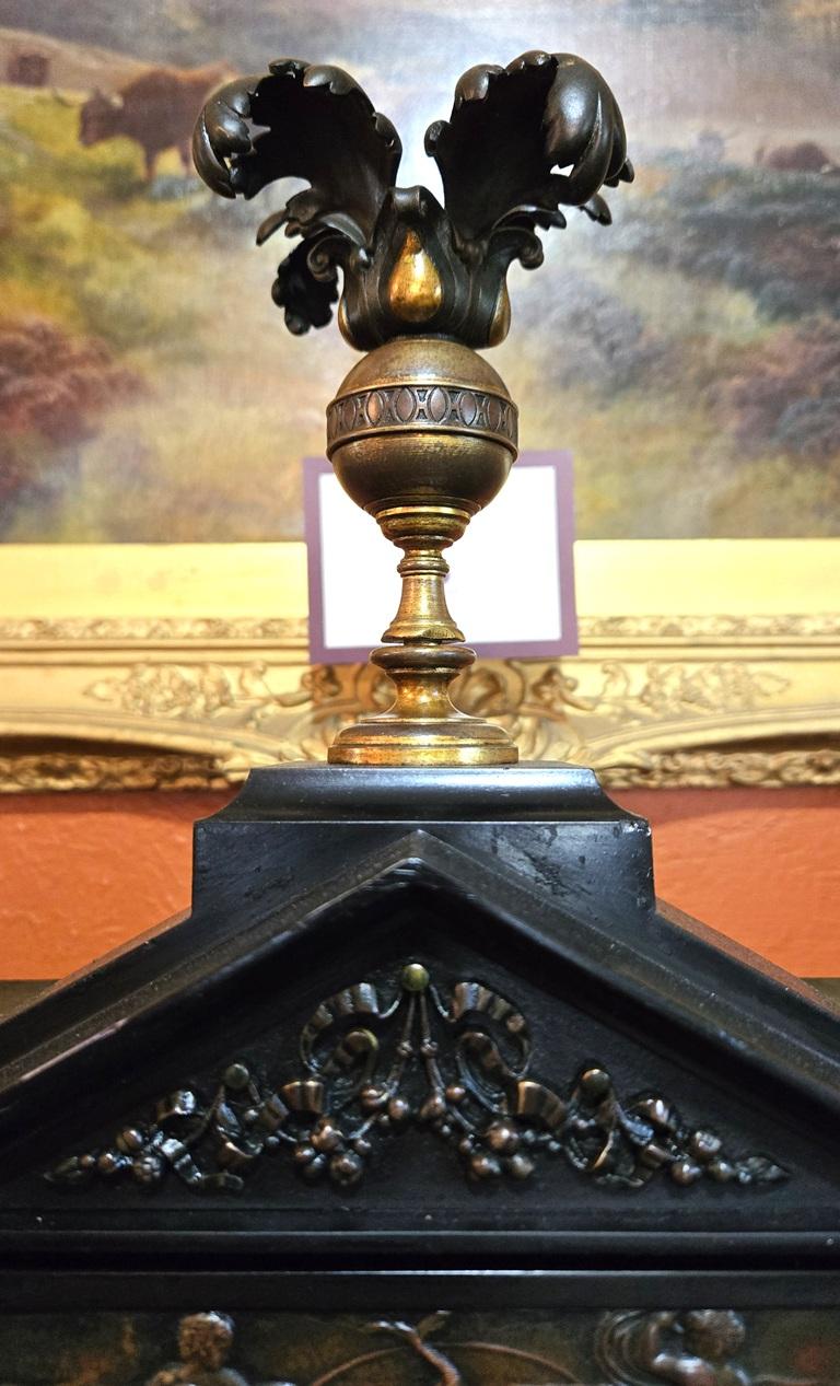 Inlay 19C French Mantle Clock with Candelabra Garnitures by J. Marti (Paris) For Sale