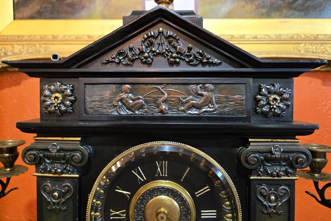 19C French Mantle Clock with Candelabra Garnitures by J. Marti (Paris) In Good Condition For Sale In Dallas, TX