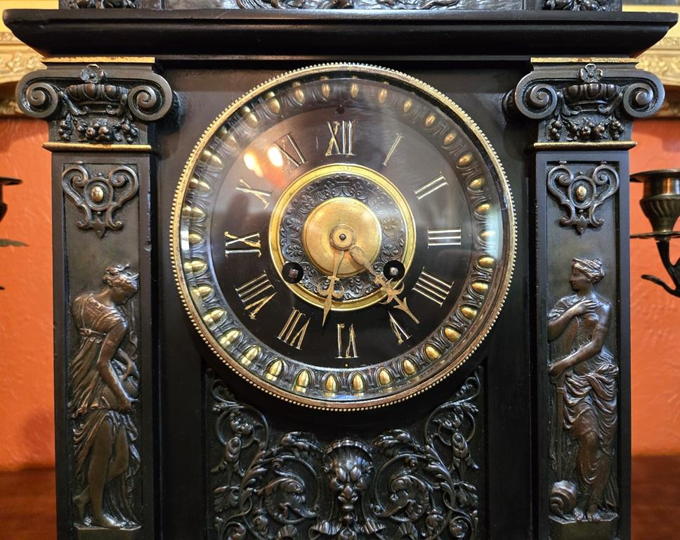 19th Century 19C French Mantle Clock with Candelabra Garnitures by J. Marti (Paris) For Sale