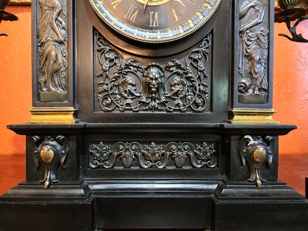 Brass 19C French Mantle Clock with Candelabra Garnitures by J. Marti (Paris) For Sale
