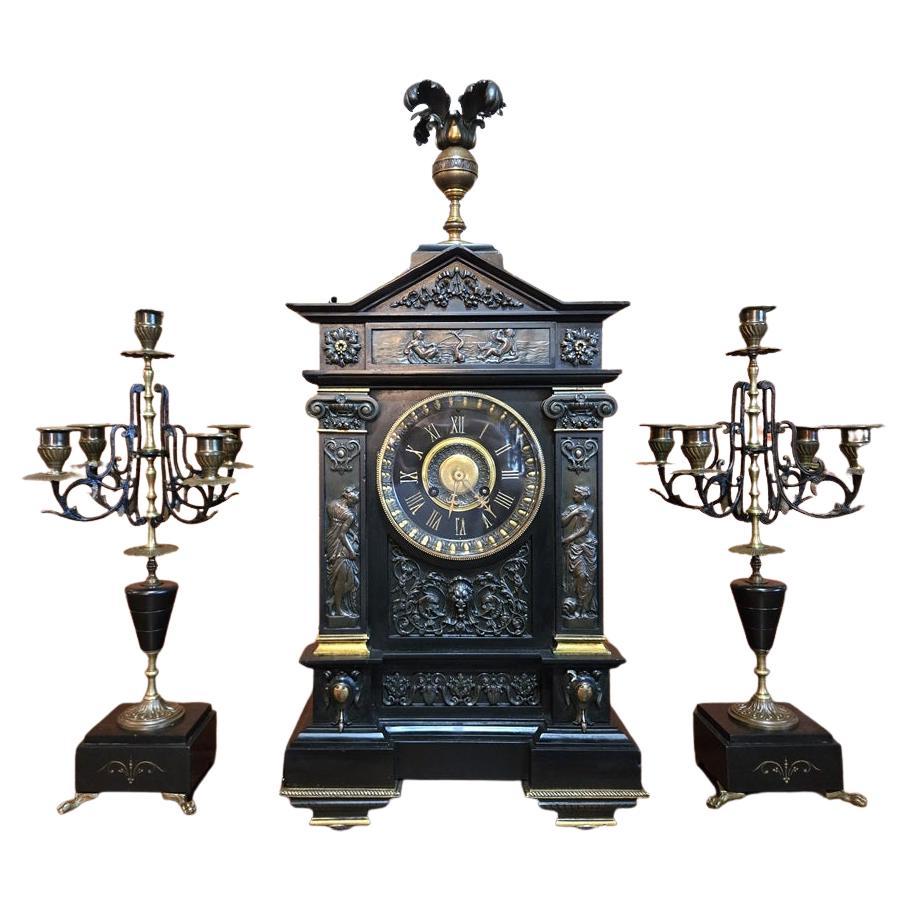 19C French Mantle Clock with Candelabra Garnitures by J. Marti (Paris)