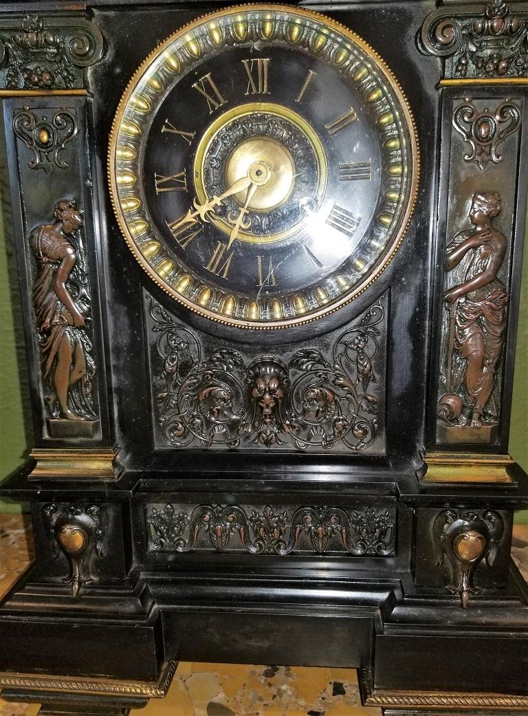 Hand-Carved 19th Century French Slate & Bronze Clock by Marti For Sale
