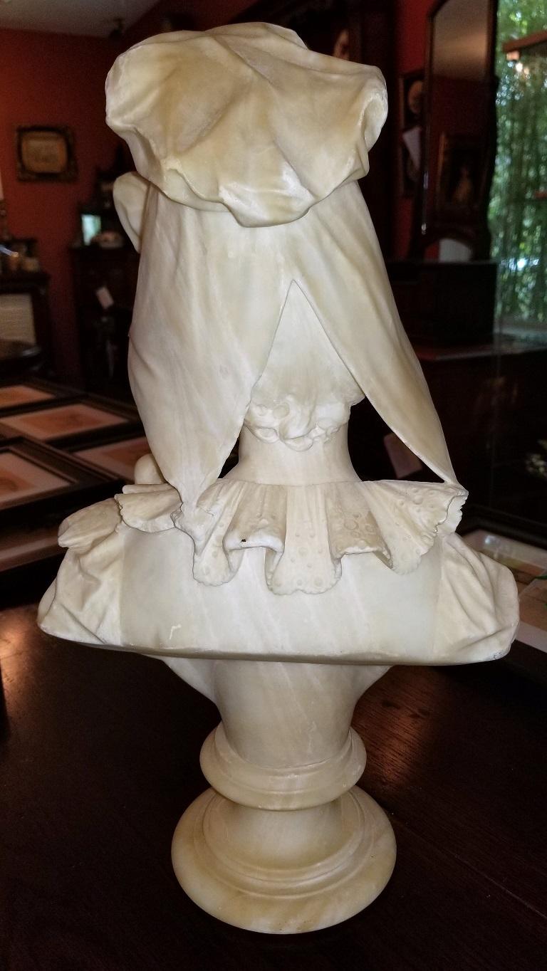 19th Century French White Alabaster Bust of Lady in Bonnet For Sale 5