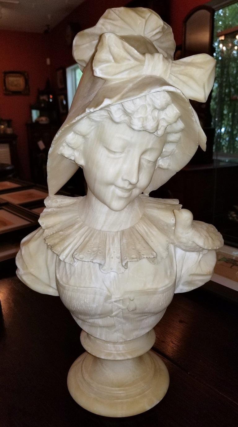 19th Century French White Alabaster Bust of Lady in Bonnet For Sale 8