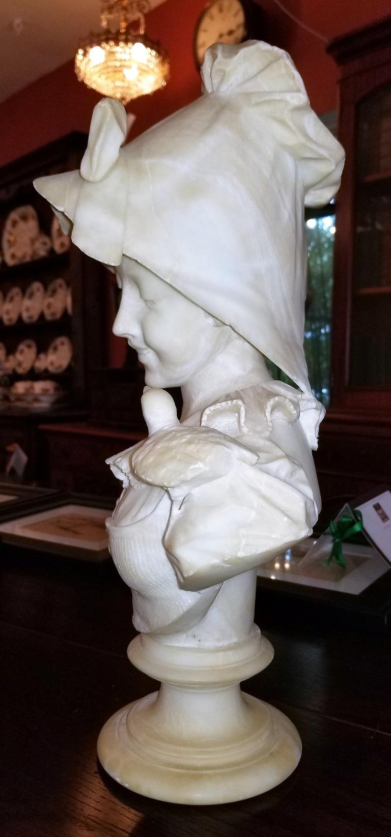 Country 19th Century French White Alabaster Bust of Lady in Bonnet For Sale