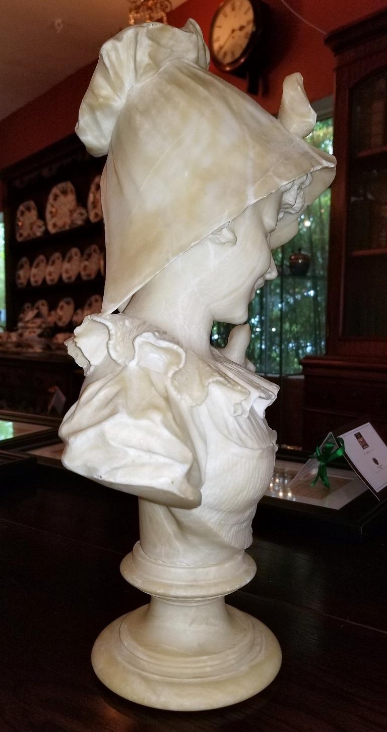 Hand-Carved 19th Century French White Alabaster Bust of Lady in Bonnet For Sale