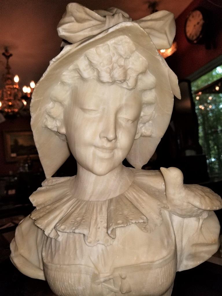 19th Century French White Alabaster Bust of Lady in Bonnet In Good Condition For Sale In Dallas, TX