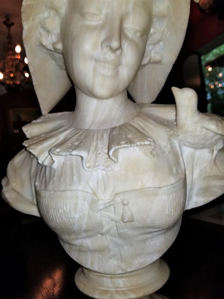 19th Century French White Alabaster Bust of Lady in Bonnet For Sale 1