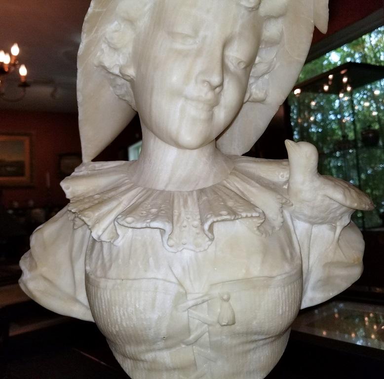 19th Century French White Alabaster Bust of Lady in Bonnet For Sale 2