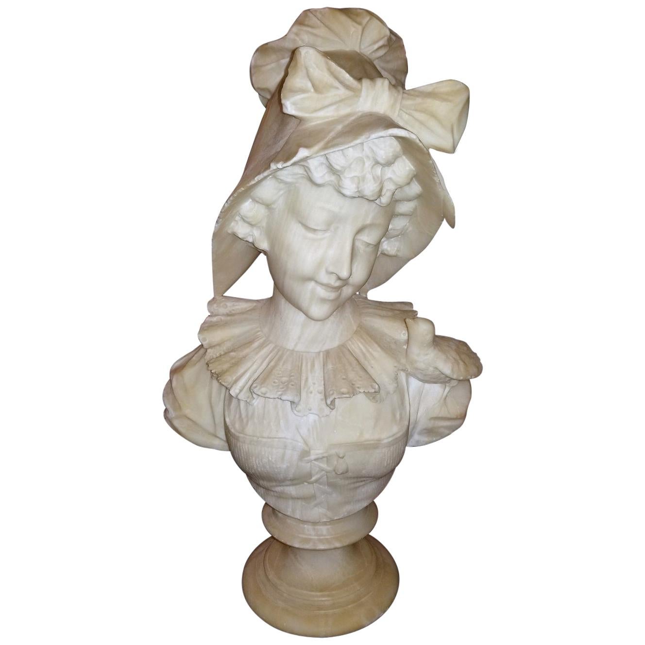 19th Century French White Alabaster Bust of Lady in Bonnet For Sale