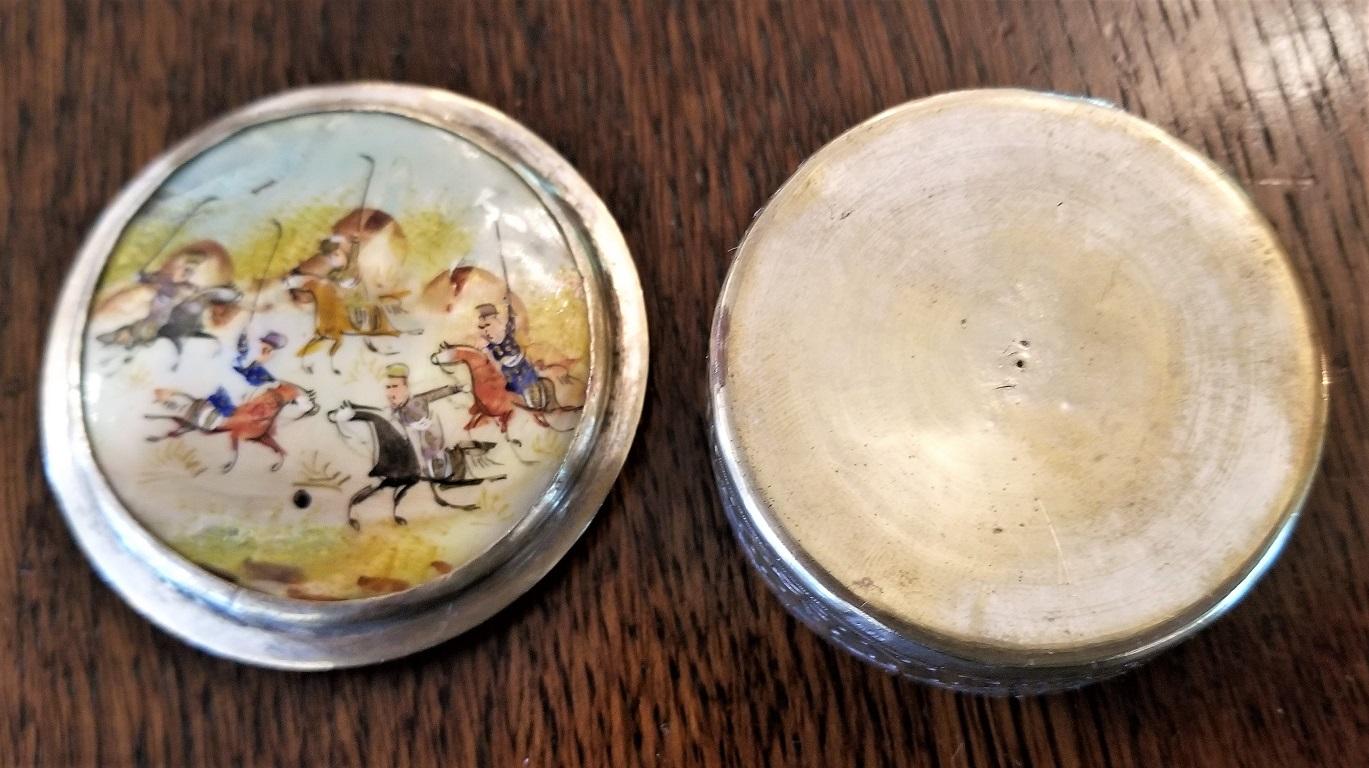 Hand-Painted 19 Century Indo-Persian Pill Box Featuring a Polo Game