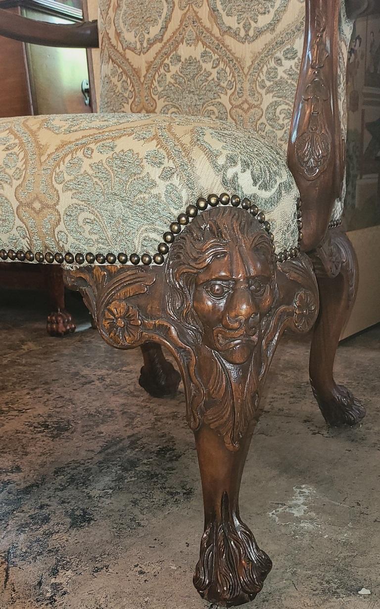 PRESENTING A STUNNING and OUTSTANDING Irish Hand Carved Armchair with Lions Heads & Hairy Paw Feet.

Irish made circa 1890-1910.

We know that this is ‘Irish’, due to the signature ‘hairy paw’ feet which is synonymous with Irish Georgian