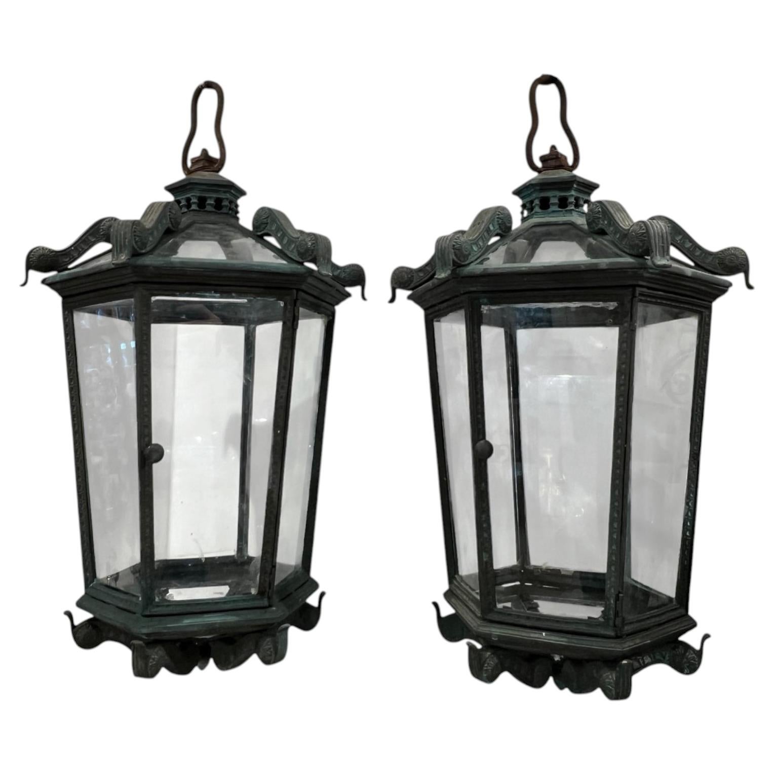 19c Italian Pair of Bronze Lanterns