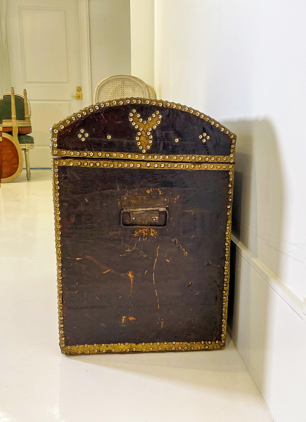 Brass Leather Coffre or Chest with Nail heads, 19th Century