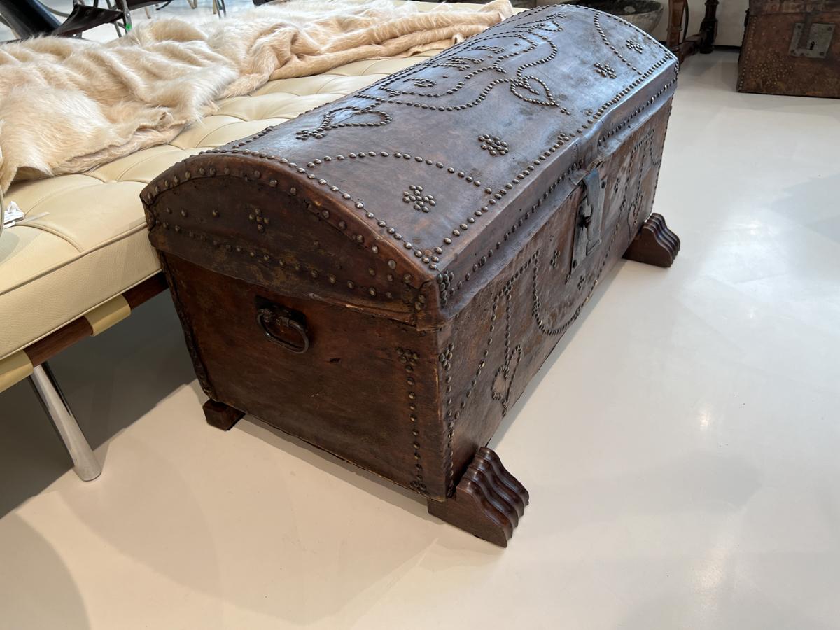 Rustic 19c Leather Trunk on Stand, JMB Monogram For Sale